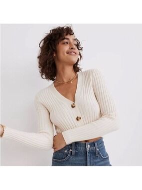 Madewell Brenville Crop Cardigan Wool Blend Sweater in Antique Cream Ribbed XS